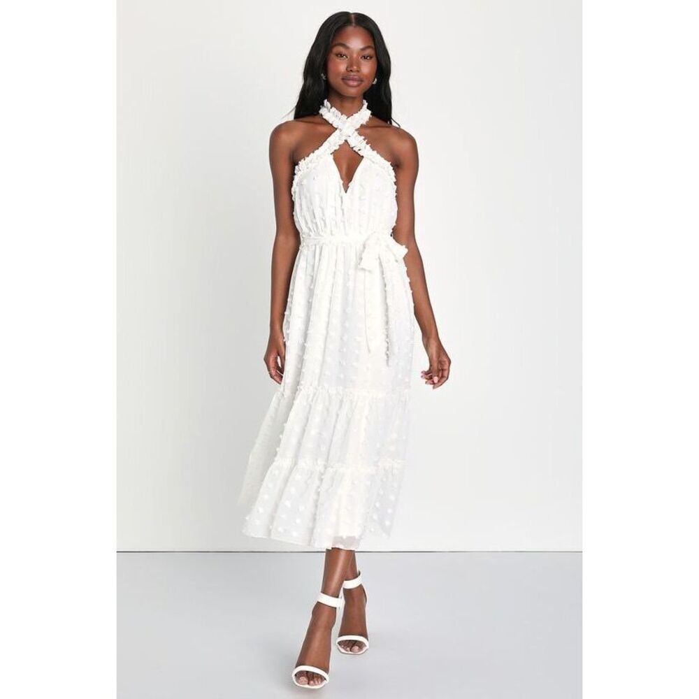 Lulus Sensational Essence White Clip Dot Tiered Halter Midi Dress - Size S